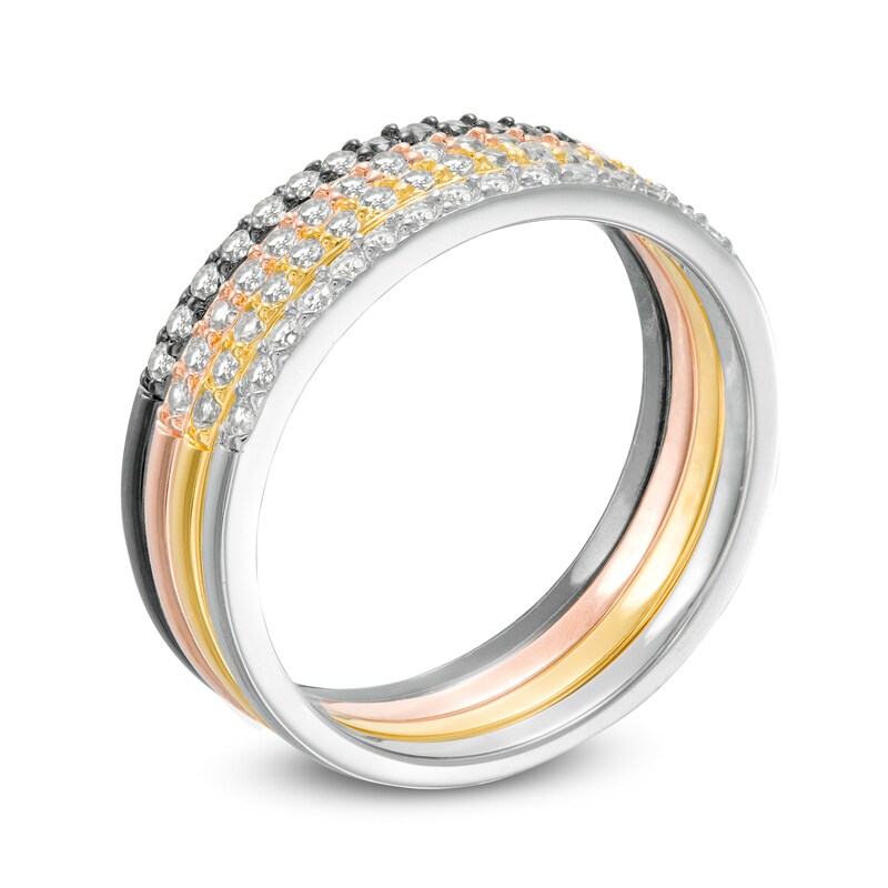 Main Image 2 of White Lab-Created Sapphire Stackable Band Set in Sterling Silver with 18K Yellow and Rose GP and Black Rhodium - Size 7