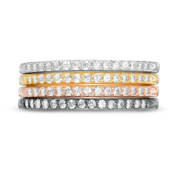 White Lab-Created Sapphire Stackable Band Set in Sterling Silver with 18K Yellow and Rose GP and Black Rhodium - Size 7