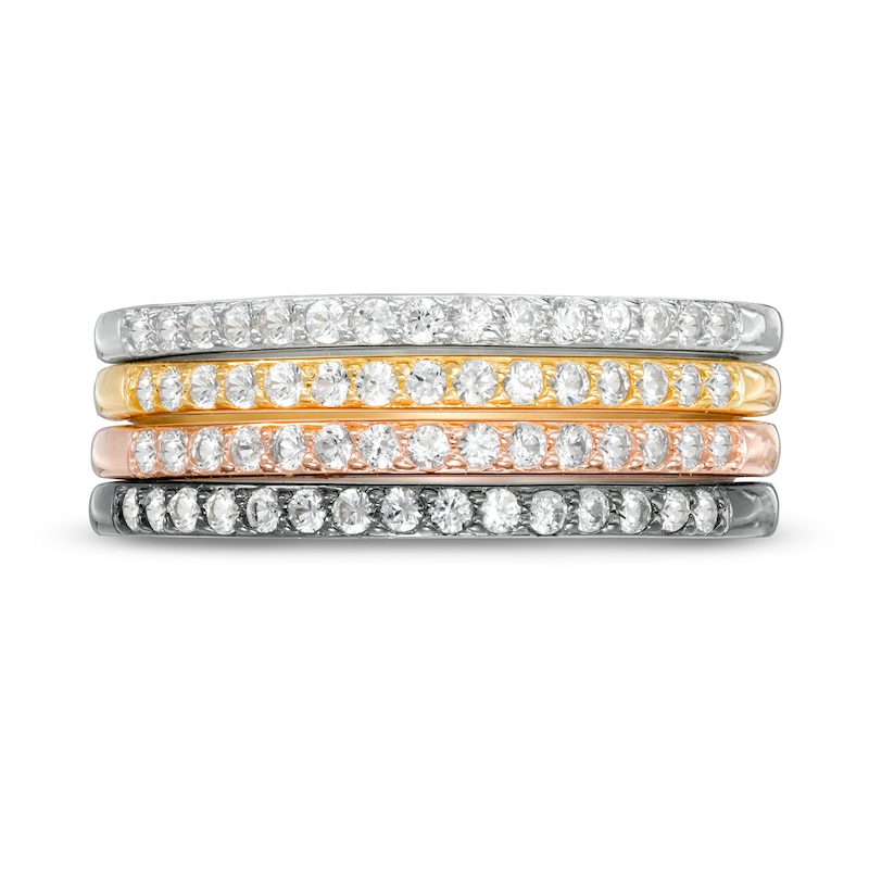 Main Image 3 of White Lab-Created Sapphire Stackable Band Set in Sterling Silver with 18K Yellow and Rose GP and Black Rhodium - Size 7