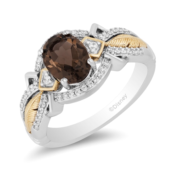 Enchanted Disney Pocahontas Oval Smoky Quartz and 1/6 CT. T.w. Diamond Feather Ring in Sterling Silver and 10K Gold