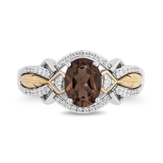 Enchanted Disney Pocahontas Oval Smoky Quartz and 1/6 CT. T.w. Diamond Feather Ring in Sterling Silver and 10K Gold