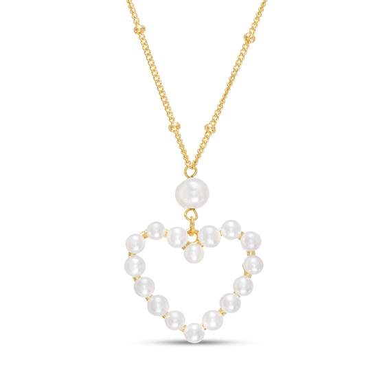 3.0-5.0mm Freshwater Cultured Pearl Heart Outline Drop Necklace in Sterling Silver with 18K Gold Plate