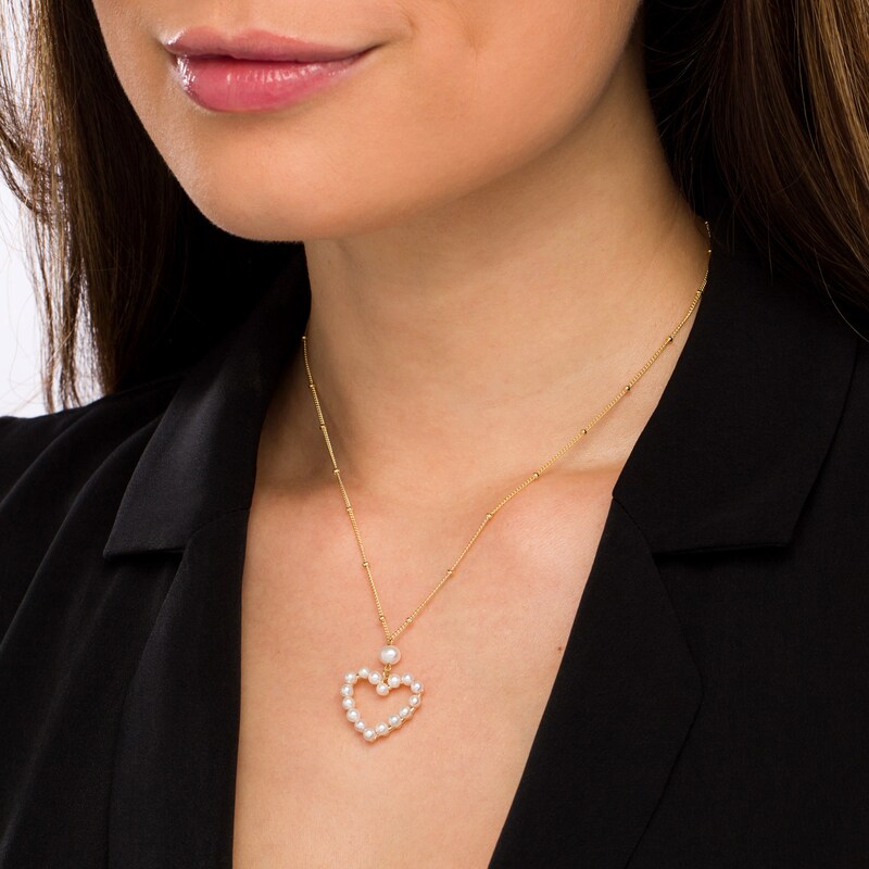 Main Image 2 of 3.0-5.0mm Freshwater Cultured Pearl Heart Outline Drop Necklace in Sterling Silver with 18K Gold Plate
