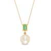 Thumbnail Image 0 of 8.0mm Cultured Freshwater Pearl and Baguette Emerald Vintage-Style Drop Pendant in 10K Gold