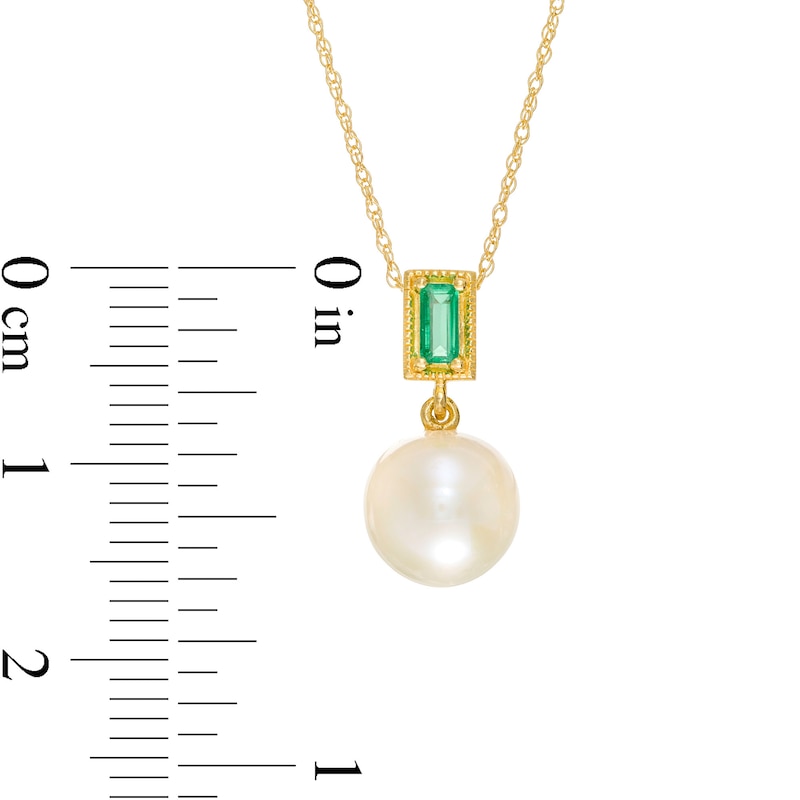 8.0mm Cultured Freshwater Pearl and Baguette Emerald Vintage-Style Drop Pendant in 10K Gold