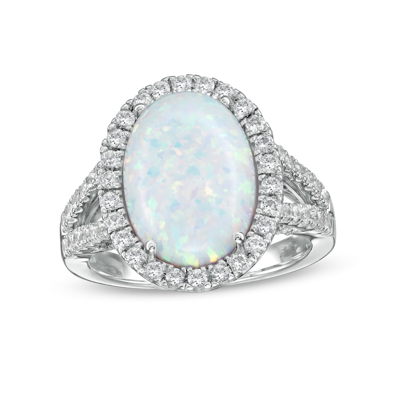 Oval Lab-Created Opal and White Lab-Created Sapphire Frame Split Shank Cocktail Ring in Sterling Silver