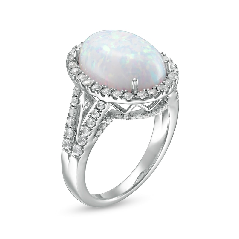 Oval Lab-Created Opal and White Lab-Created Sapphire Frame Split Shank Cocktail Ring in Sterling Silver