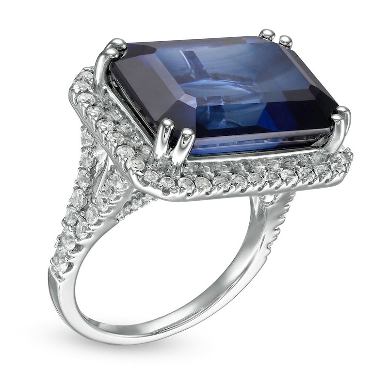 Octagonal Blue Lab-Created Sapphire and White Lab-Created Sapphire Framed Cocktail Ring in Sterling Silver