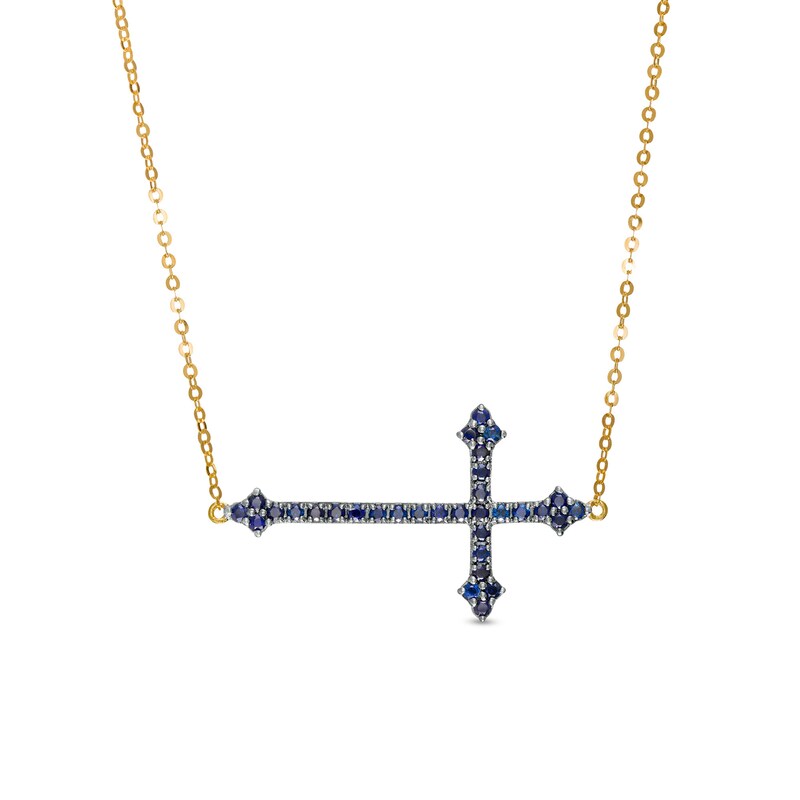 Main Image 1 of Blue Sapphire Sideways Gothic-Style Cross Necklace in 10K Gold