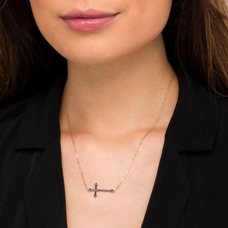 Main Image 2 of Blue Sapphire Sideways Gothic-Style Cross Necklace in 10K Gold