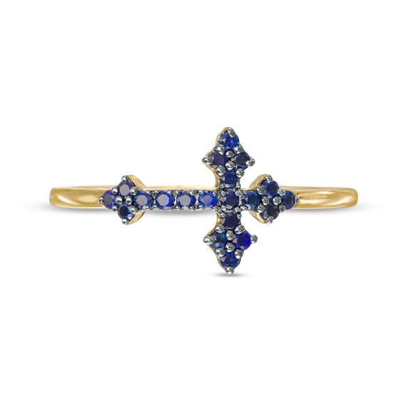 Blue Sapphire Sideways Gothic-Style Cross Ring in 10K Gold