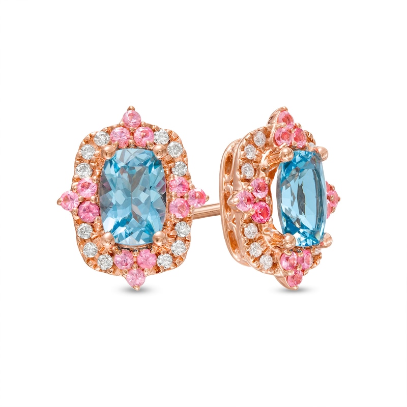 Main Image 1 of Captivating Color Swiss Blue Topaz, Pink Spinel and 1/10 CT. T.W. Diamond Frame Stud Earrings in 14K Rose Gold