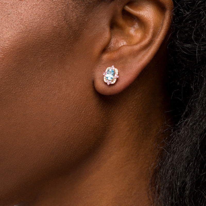 Main Image 2 of Captivating Color Swiss Blue Topaz, Pink Spinel and 1/10 CT. T.W. Diamond Frame Stud Earrings in 14K Rose Gold