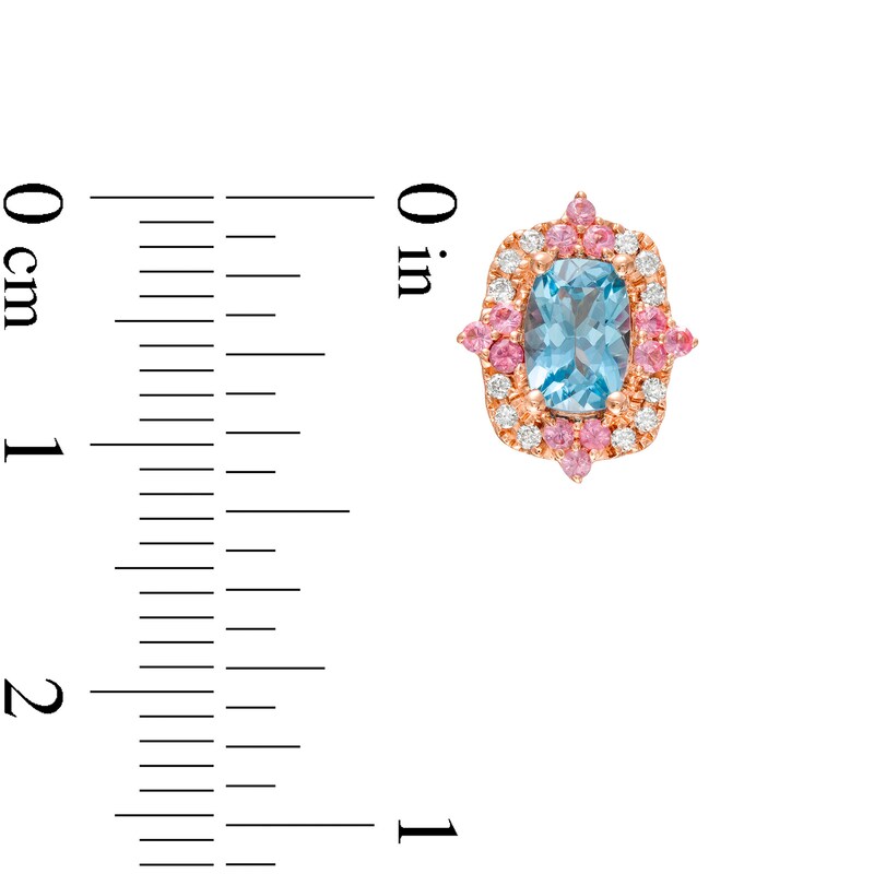 Main Image 3 of Captivating Color Swiss Blue Topaz, Pink Spinel and 1/10 CT. T.W. Diamond Frame Stud Earrings in 14K Rose Gold