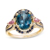 Thumbnail Image 1 of Captivating Color London Blue Topaz, Rhodolite Garnet, Blue Sapphire and Diamond Accent Frame Split Shank Ring in 14K Gold