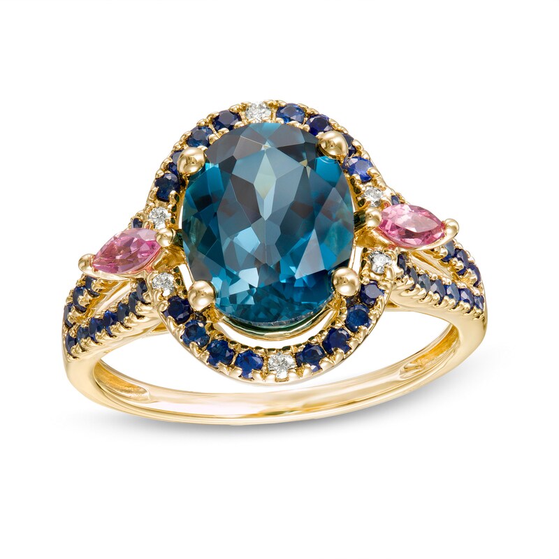 Main Image 1 of Captivating Color London Blue Topaz, Rhodolite Garnet, Blue Sapphire and Diamond Accent Frame Split Shank Ring in 14K Gold