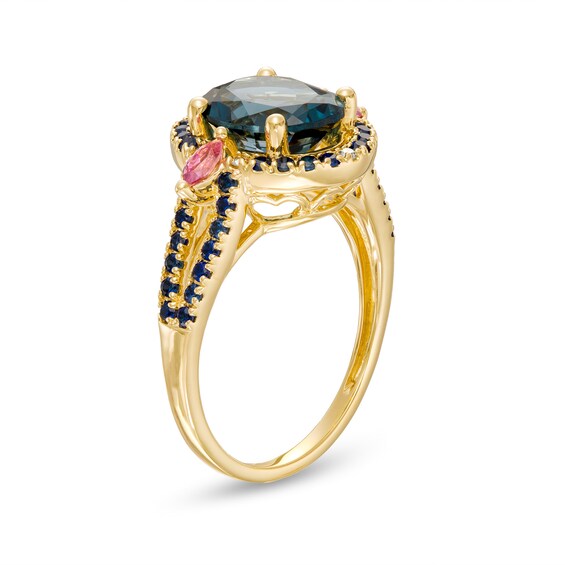 Captivating Color London Blue Topaz, Rhodolite Garnet, Blue Sapphire and Diamond Accent Frame Split Shank Ring in 14K Gold