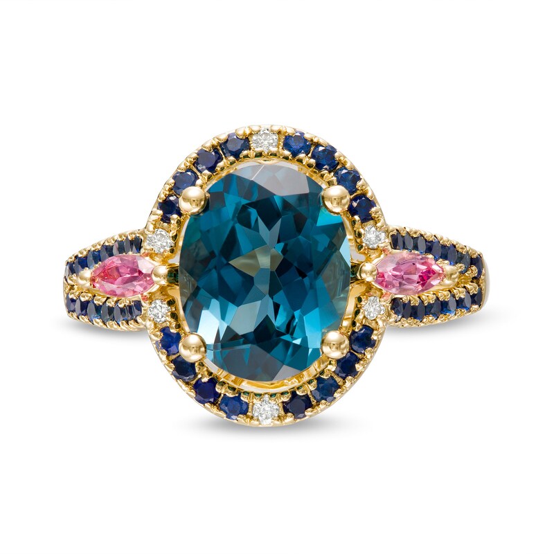 Main Image 4 of Captivating Color London Blue Topaz, Rhodolite Garnet, Blue Sapphire and Diamond Accent Frame Split Shank Ring in 14K Gold