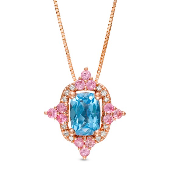 Captivating Color Swiss Blue Topaz, Pink Spinel and 1/20 CT. T.w. Diamond Frame Pendant in 14K Rose Gold