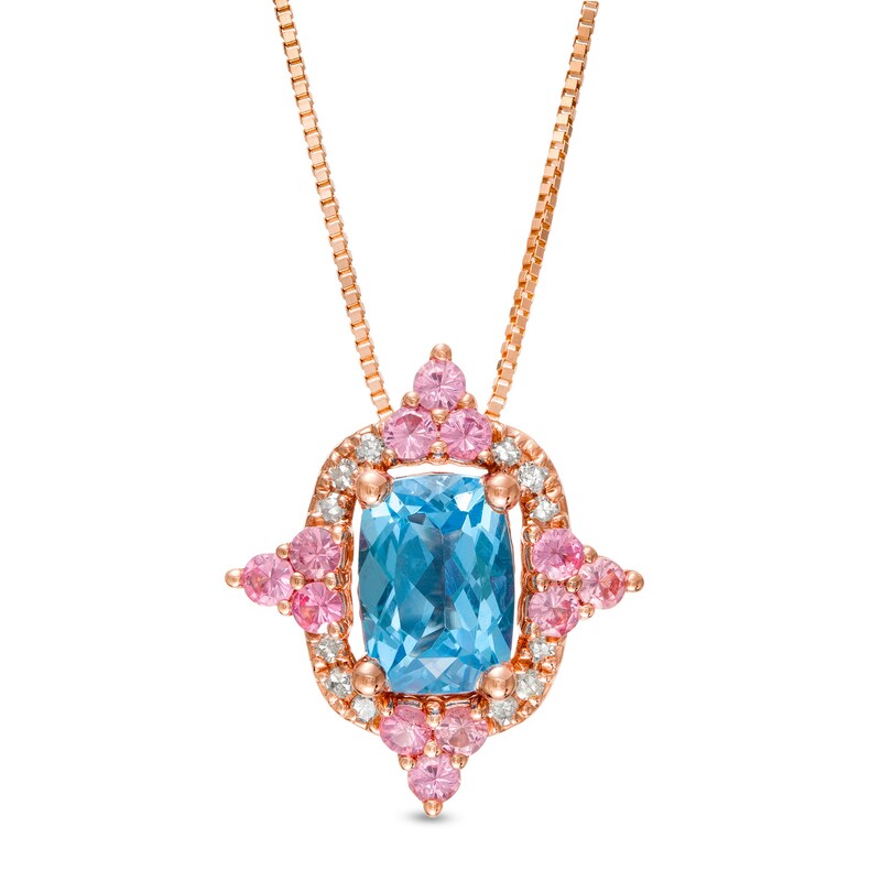 Main Image 1 of Captivating Color Swiss Blue Topaz, Pink Spinel and 1/20 CT. T.W. Diamond Frame Pendant in 14K Rose Gold