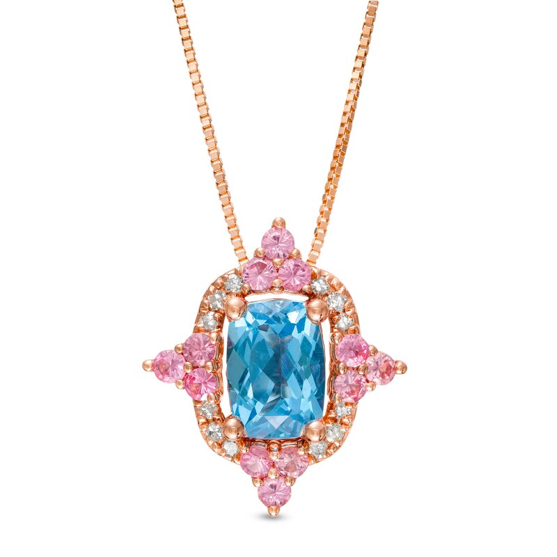 Captivating Color Swiss Blue Topaz, Pink Spinel and 1/20 CT. T.W. Diamond Frame Pendant in 14K Rose Gold