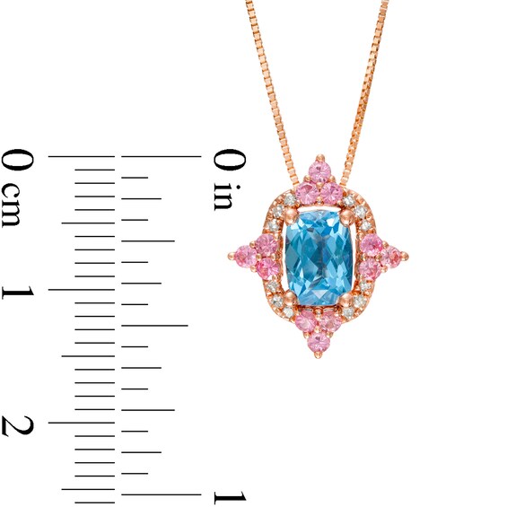 Captivating Color Swiss Blue Topaz, Pink Spinel and 1/20 CT. T.w. Diamond Frame Pendant in 14K Rose Gold