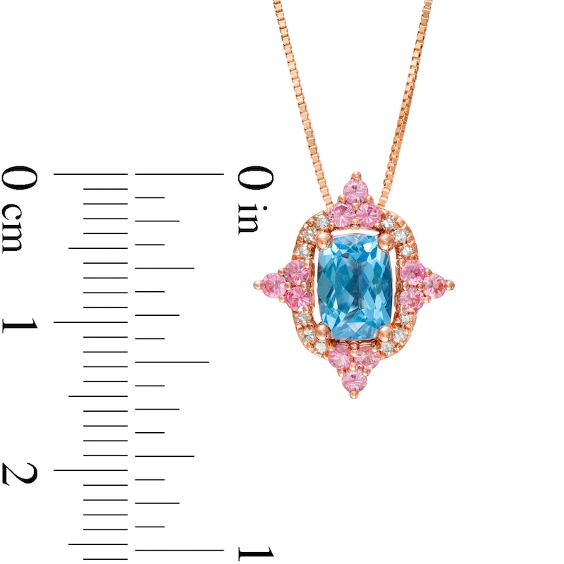 Captivating Color Swiss Blue Topaz, Pink Spinel and 1/20 CT. T.W. Diamond Frame Pendant in 14K Rose Gold