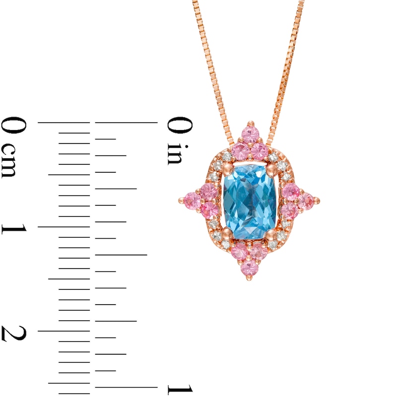 Main Image 3 of Captivating Color Swiss Blue Topaz, Pink Spinel and 1/20 CT. T.W. Diamond Frame Pendant in 14K Rose Gold