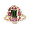 Thumbnail Image 1 of Captivating Color Emerald-Cut Green Tourmaline, Purple Garnet and 1/10 CT. T.W. Diamond Clover Frame Ring in 14K Gold