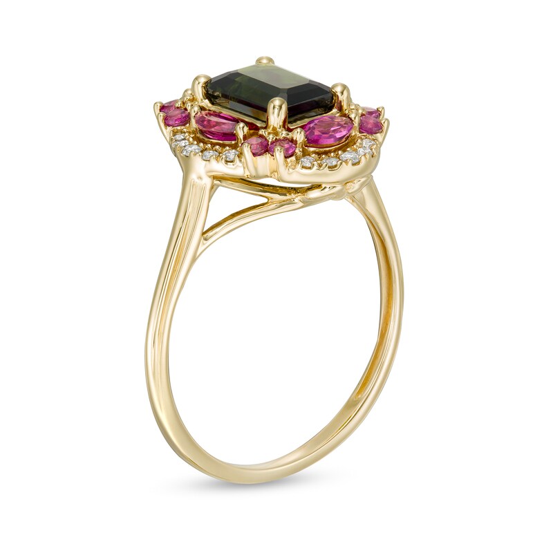 Main Image 3 of Captivating Color Emerald-Cut Green Tourmaline, Purple Garnet and 1/10 CT. T.W. Diamond Clover Frame Ring in 14K Gold