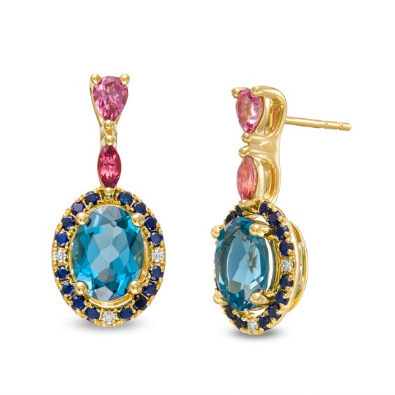 Captivating Color London Blue Topaz, Rhodolite Garnet, Blue Sapphire and Diamond Accent Frame Double Drop Earrings in 14K Gold