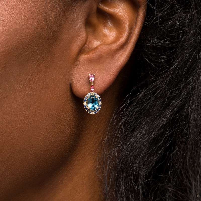 Main Image 2 of Captivating Color London Blue Topaz, Rhodolite Garnet, Blue Sapphire and Diamond Accent Frame Double Drop Earrings in 14K Gold