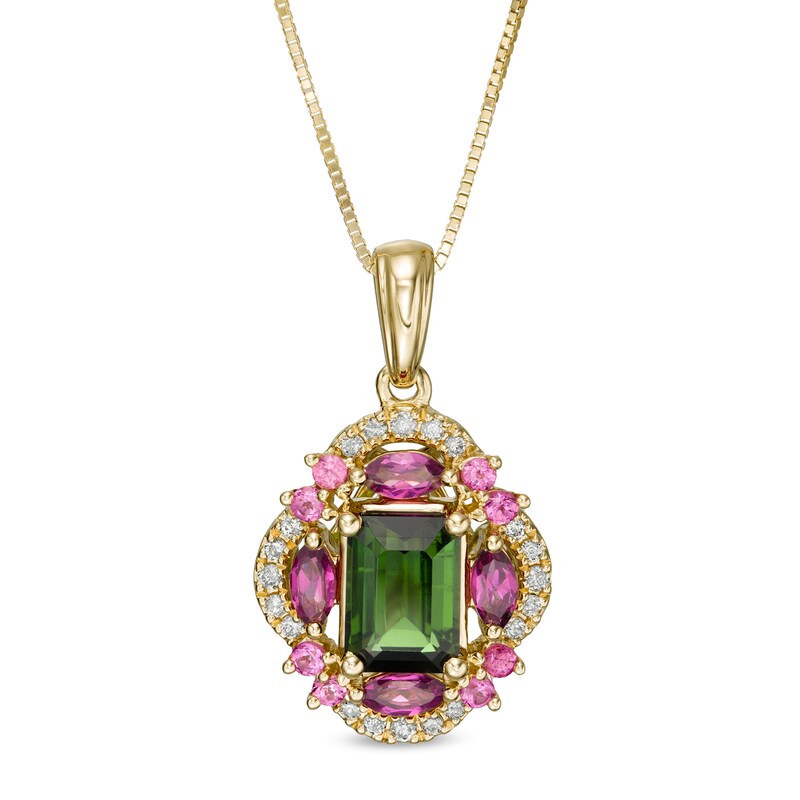 Main Image 1 of Captivating Color Emerald-Cut Green Tourmaline, Purple Garnet and 1/10 CT. T.W. Diamond Frame Pendant in 14K Gold