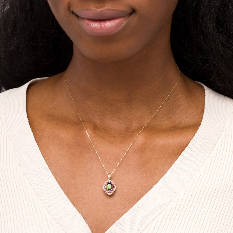 Main Image 2 of Captivating Color Emerald-Cut Green Tourmaline, Purple Garnet and 1/10 CT. T.W. Diamond Frame Pendant in 14K Gold