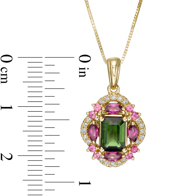 Main Image 3 of Captivating Color Emerald-Cut Green Tourmaline, Purple Garnet and 1/10 CT. T.W. Diamond Frame Pendant in 14K Gold