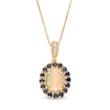 Thumbnail Image 1 of Captivating Color Oval Opal, Round Blue Sapphire and 1/20 CT. T.W. Diamond Frame Drop Pendant in 14K Gold
