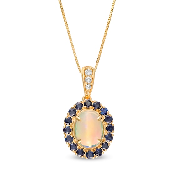 Captivating Color Oval Opal, Round Blue Sapphire and 1/20 CT. T.w. Diamond Frame Drop Pendant in 14K Gold
