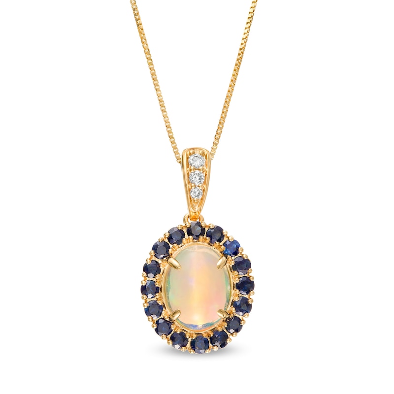 Main Image 1 of Captivating Color Oval Opal, Round Blue Sapphire and 1/20 CT. T.W. Diamond Frame Drop Pendant in 14K Gold