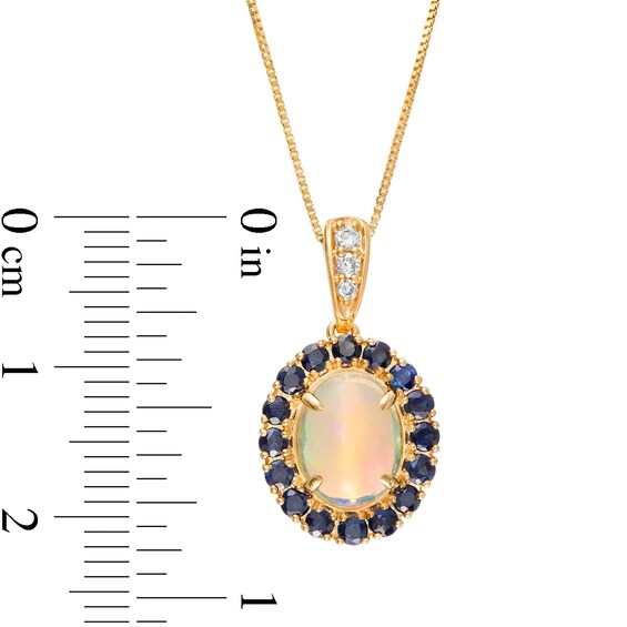 Captivating Color Oval Opal, Round Blue Sapphire and 1/20 CT. T.w. Diamond Frame Drop Pendant in 14K Gold