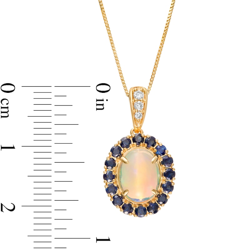 Main Image 3 of Captivating Color Oval Opal, Round Blue Sapphire and 1/20 CT. T.W. Diamond Frame Drop Pendant in 14K Gold