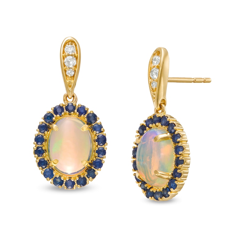 gold oval drop earrings with opal and diamonds