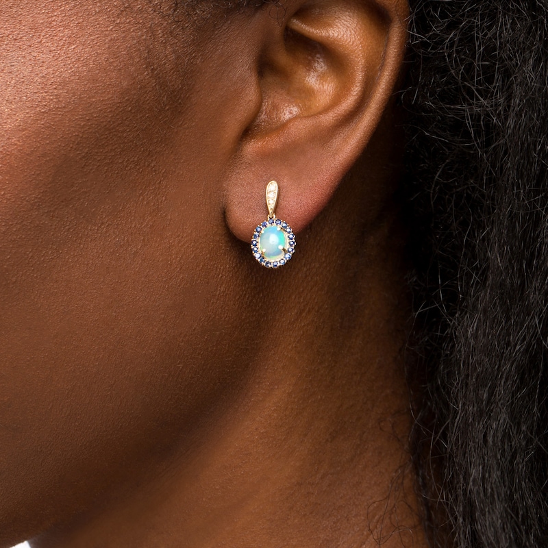 Main Image 2 of Captivating Color Oval Opal, Round Blue Sapphire and 1/20 CT. T.W. Diamond Frame Drop Earrings in 14K Gold