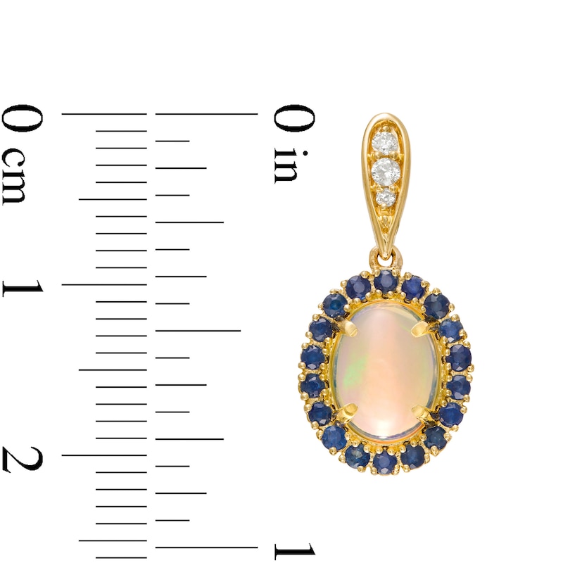 Main Image 3 of Captivating Color Oval Opal, Round Blue Sapphire and 1/20 CT. T.W. Diamond Frame Drop Earrings in 14K Gold