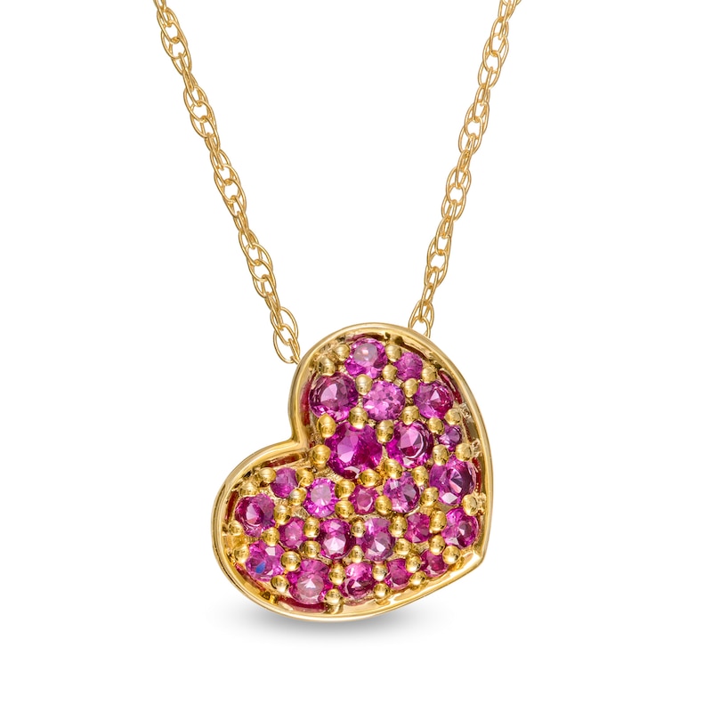Main Image 1 of Ruby Cluster Tilted Heart Pendant in 10K Gold