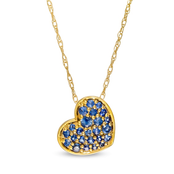 Blue Sapphire Cluster Tilted Heart Pendant in 10K Gold