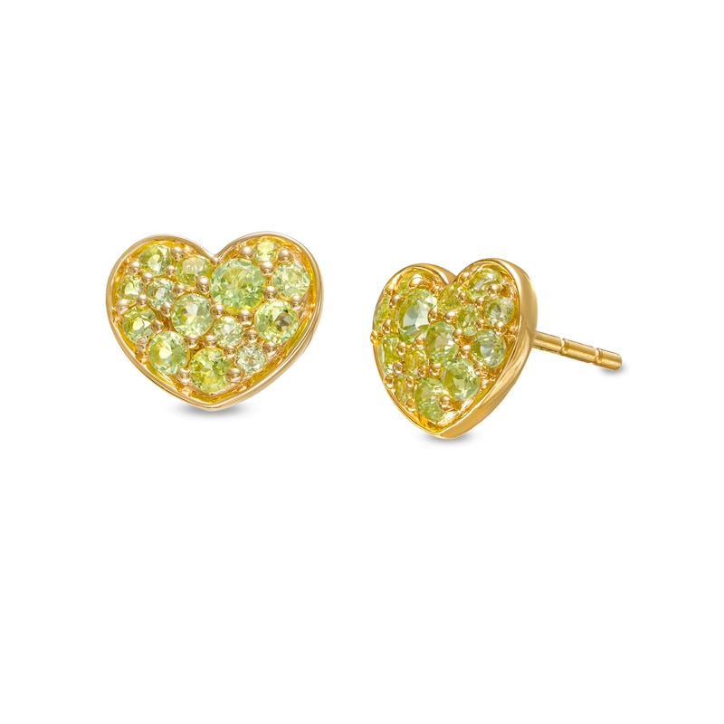 Peridot Cluster Heart Stud Earrings in 10K Gold
