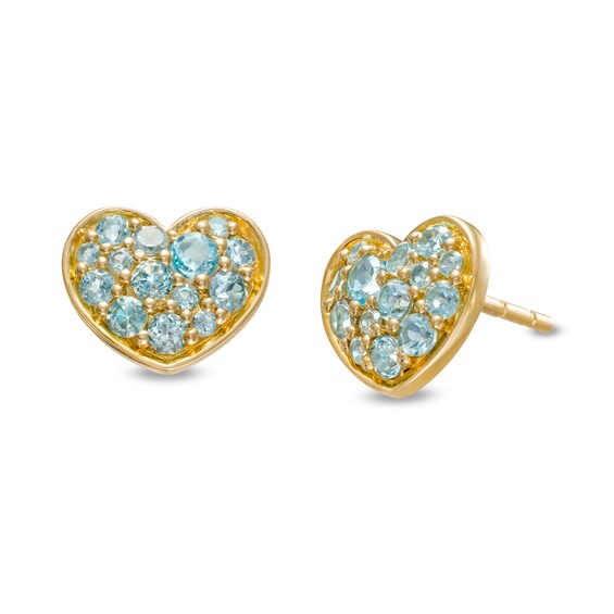 Swiss Blue Topaz Cluster Heart Stud Earrings in 10K Gold
