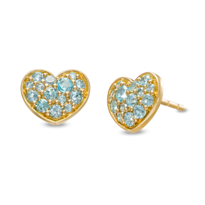 Main Image 1 of Swiss Blue Topaz Cluster Heart Stud Earrings in 10K Gold