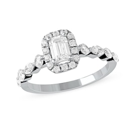 1 CT. T.W. Emerald-Cut Diamond Frame Multi-Shape Alternating Shank Engagement Ring in 10K White Gold