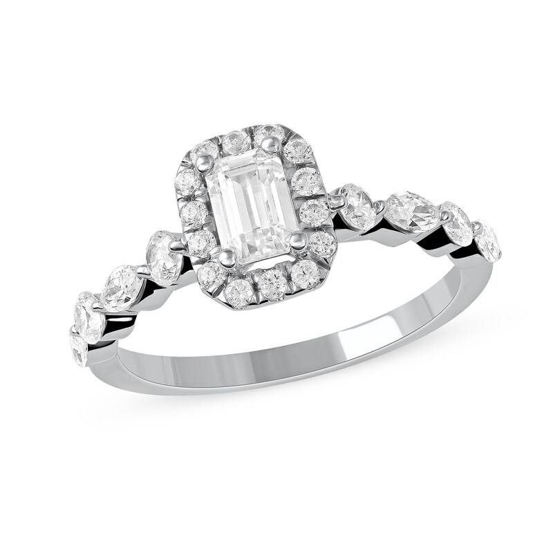 Main Image 1 of 1 CT. T.W. Emerald-Cut Diamond Frame Multi-Shape Alternating Shank Engagement Ring in 10K White Gold
